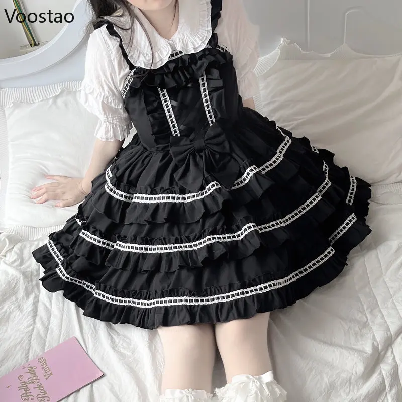 Japanese Kawaii Lolita Jsk Dress Women Vintage Gothic Ruffles Sleeveless Sweet Bow Princess Mini Dresses Girly Punk Strap Dress