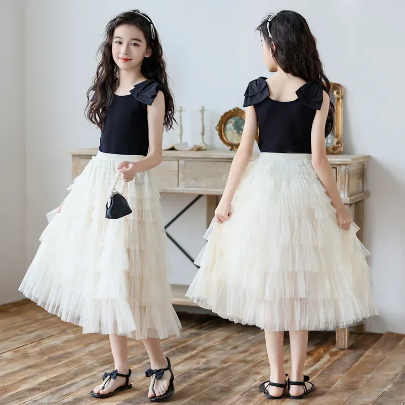 Teenage Girls Clothes Set Summer 2024 New Black Vest Tiered Skirt Two Pieces Kids Outfits Fashion Princess Children Costumes