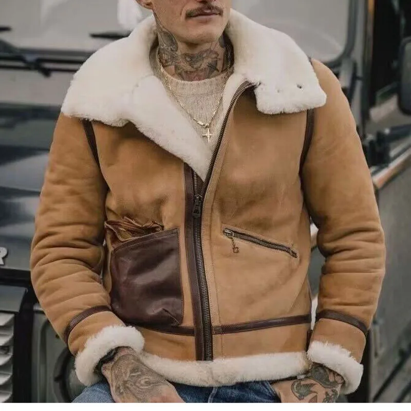 

2024 Winter Men's Genuine Leather Suede Lamb Skin Shearling Coat Pilot Jacket Vintage Style Thick Wool Liner Plus Oversized 4XL