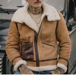 2024 Winter Men's Genuine Leather Suede Lamb Skin Shearling Coat Pilot Jacket Vintage Style Thick Wool Liner Plus Oversized 4XL