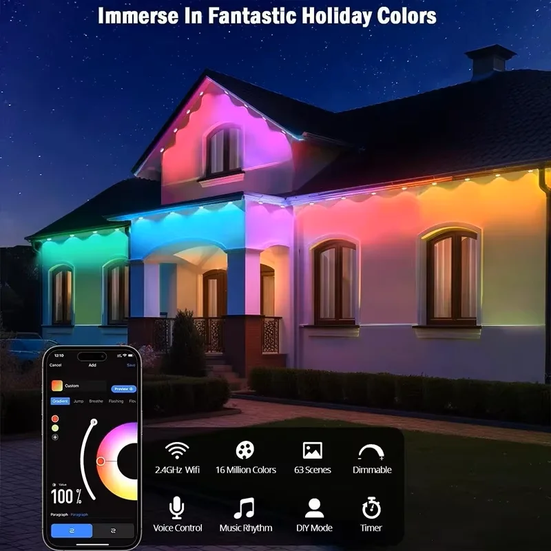 Beirais luzes inteligente wifi rgbic permanente diy música 30m decoração de natal ao ar livre festão luz led decorações de casamento