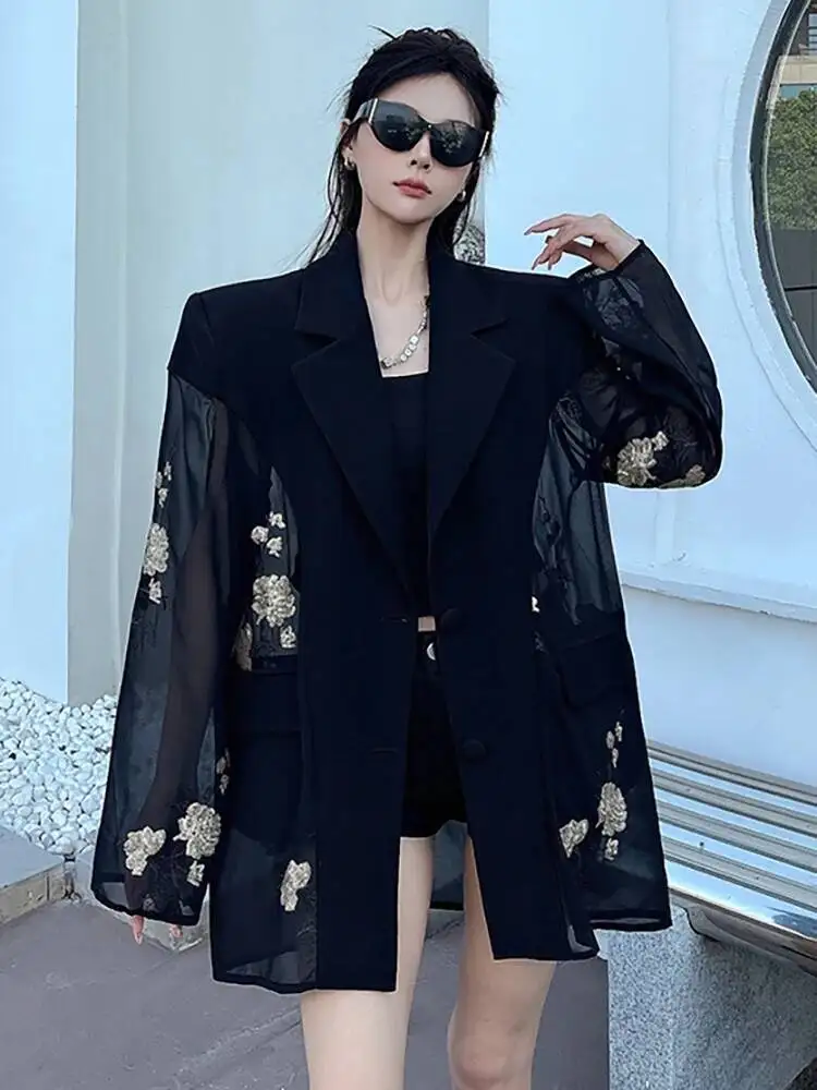 Fashion Hot Stamping Rose Glitter Blazer Women's Lapel Loose Mech Patchwork Sunscreen Suit Jacket Summer New  VUOJ