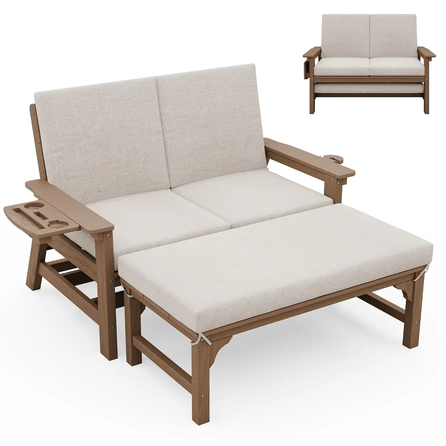 2-in-1 HDPE Outdoor Sofa Daybed with Cushions & Ottoman Table Set | 4-Position Reclining Convertible Patio Lounge, Customized