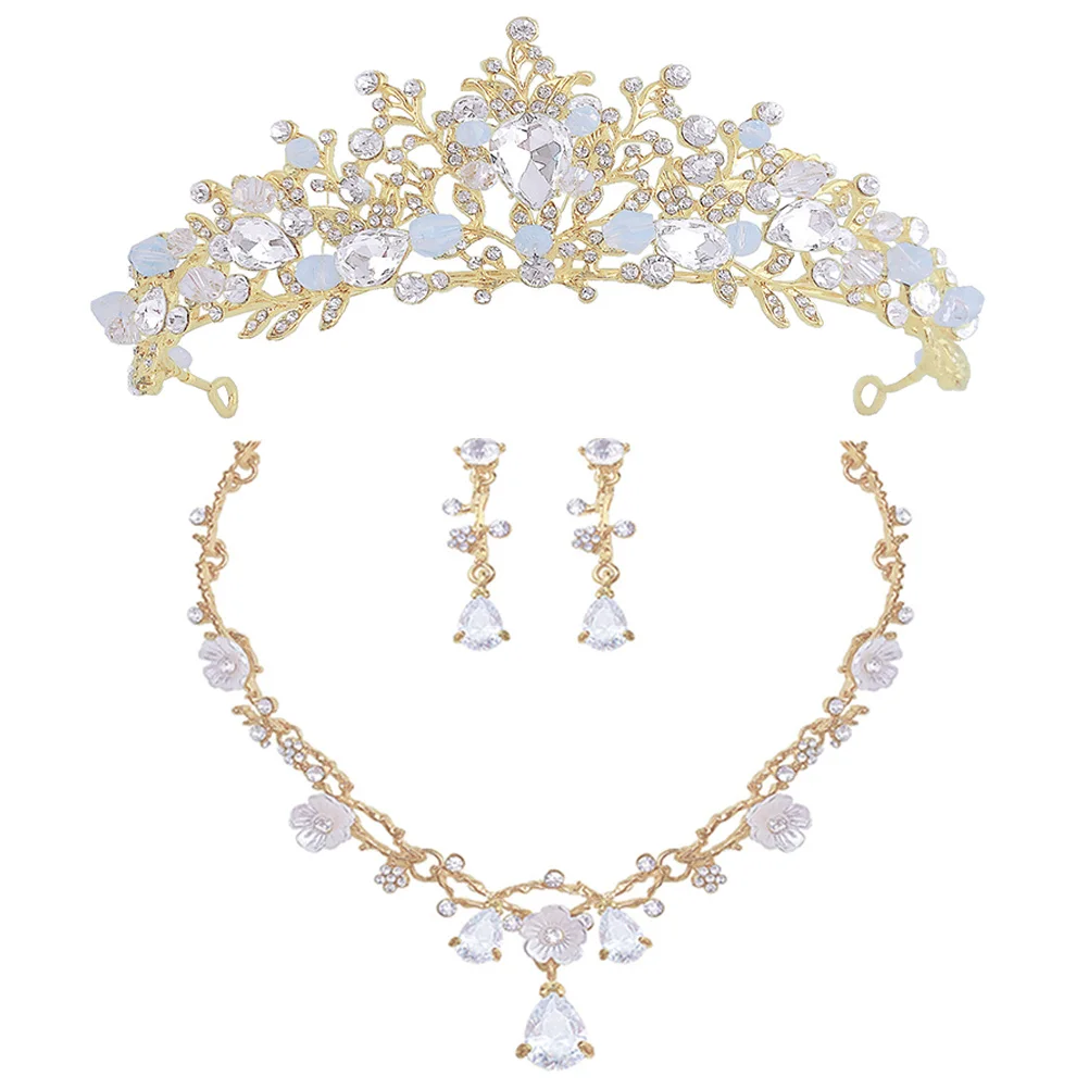 

1Set Rhinestone Crown Headband Little Birthday Crown Necklace Ear Clips Earrings Versatile Useful Safe Comfortable Wear