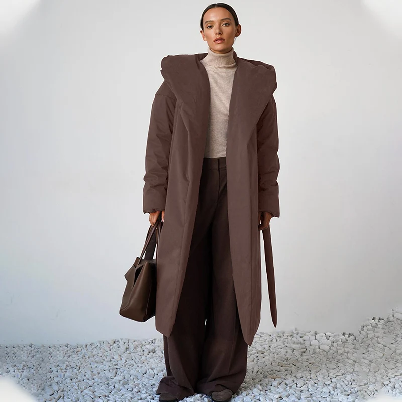 

TARUXY модная длинная хлопковая куртка с капюшоном, женская повседневная однотонная уличная куртка с поясом и карманом, теплое хлопковое пуховое пальто, зимнее пригородное пальто