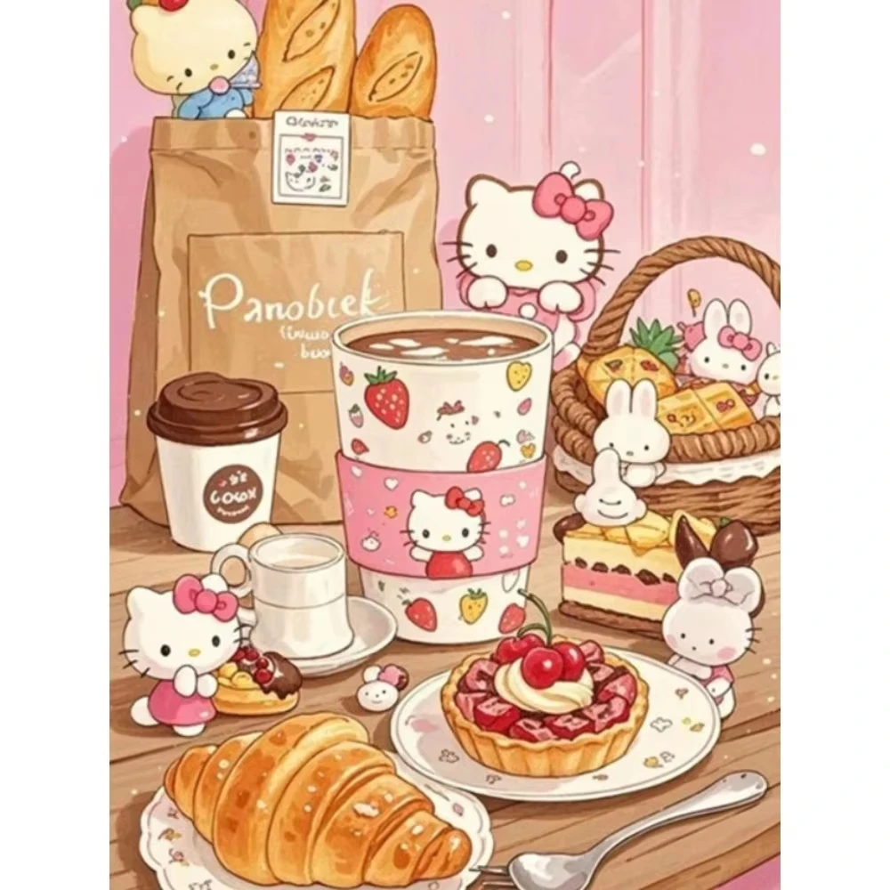 Diamond Painting HelloKitty mit Desserts für den Nachmittagstee, Vollrunde/quadratische Diamanten, Mosaik, handgemachtes Kunstgeschenk, Heimdekoration