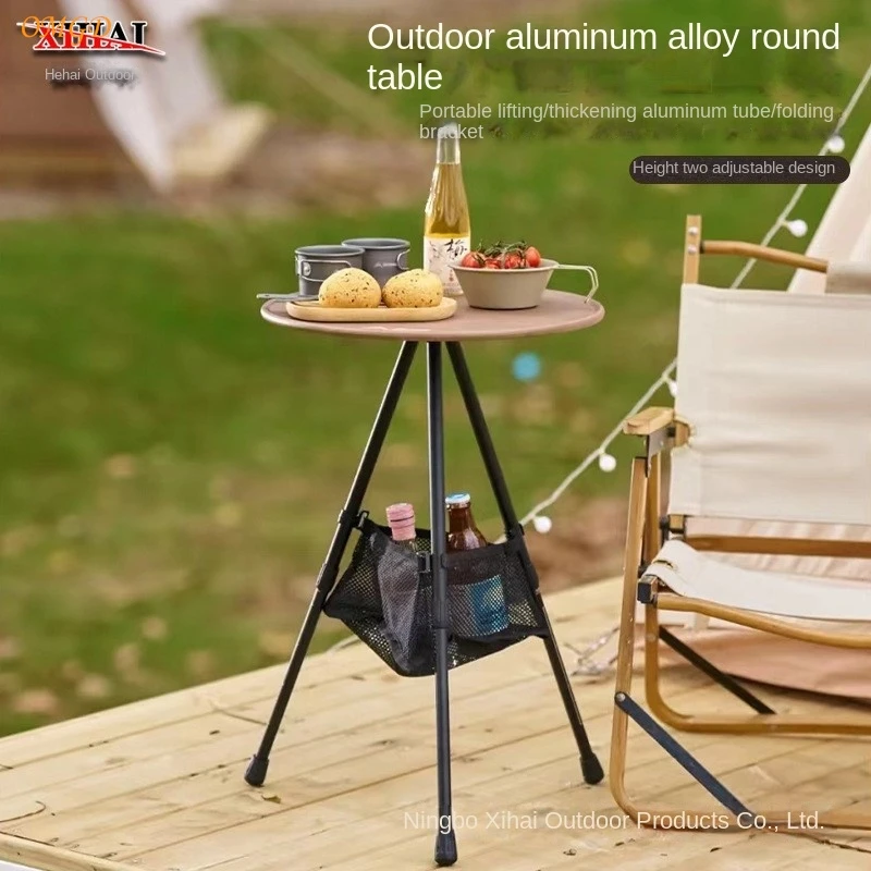 Outdoor Camping Aluminium Alloy Portable Small Round Table Lightweight Lifting Simple Tea Table Camping Three-legged Table Home