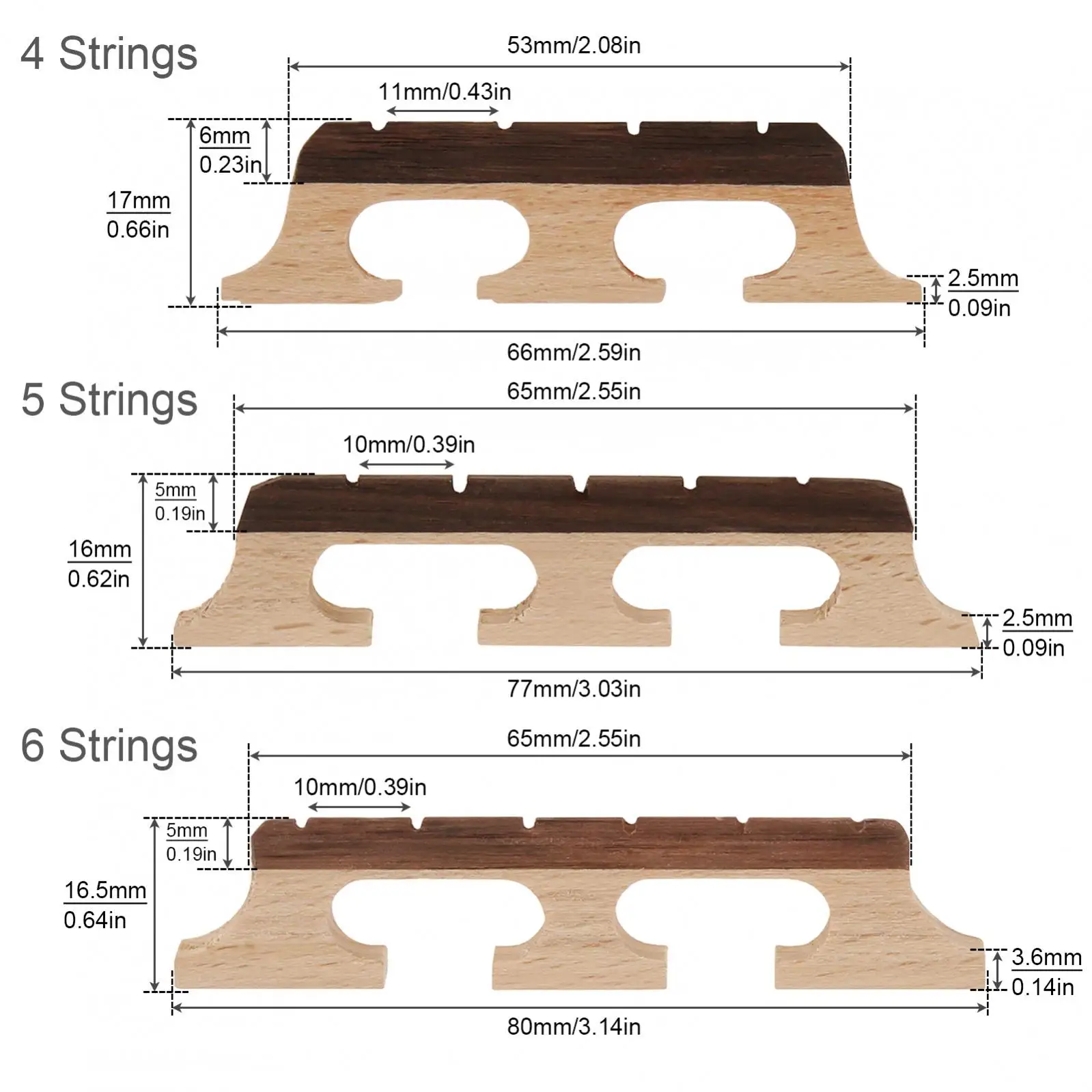 4 / 5 / 6 Strings Maple Ebony Standard Banjo Bridge, Wooden Banjo Saddle for Stability and Clear Tone Transmission