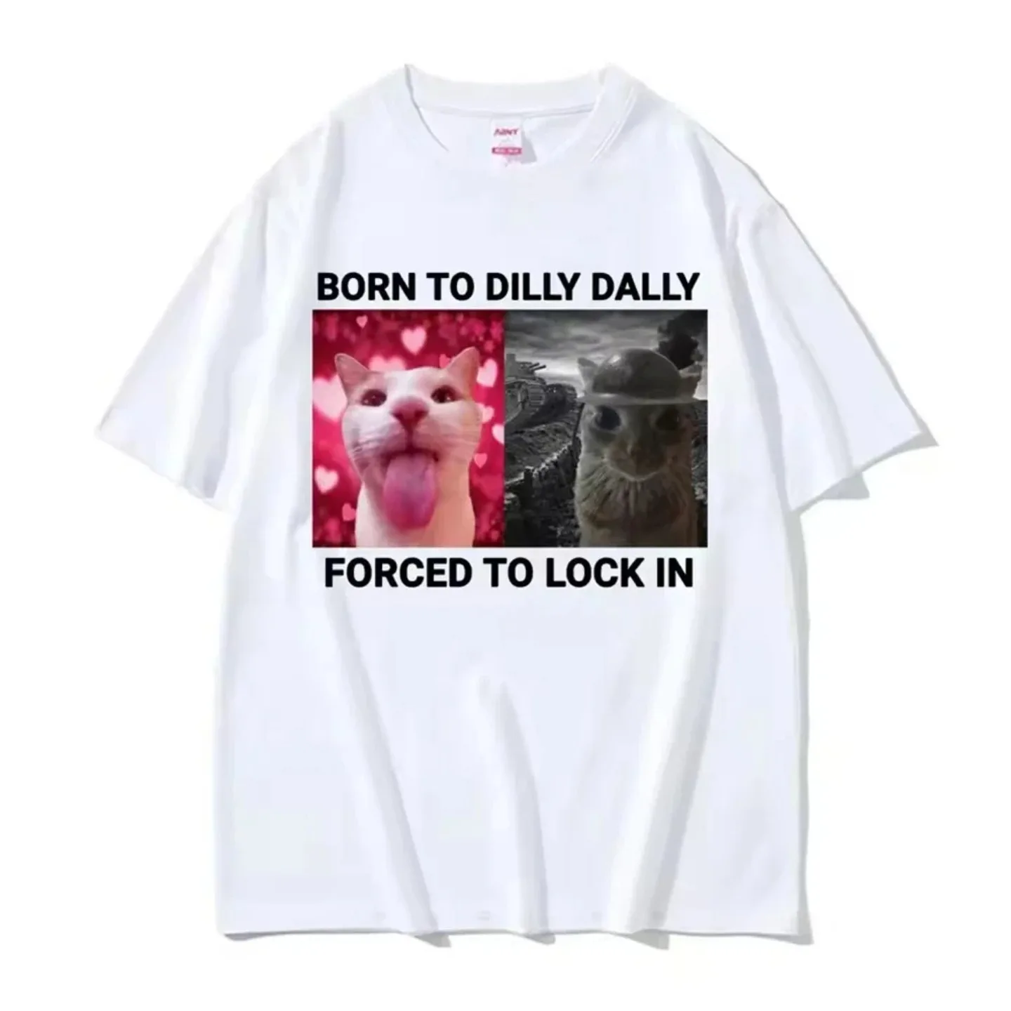 Women Clothing Born To Dilly Dally Forced To Lock in Funny Cat Meme Short Sleeve Round Neck Printing Pullover T-shirts