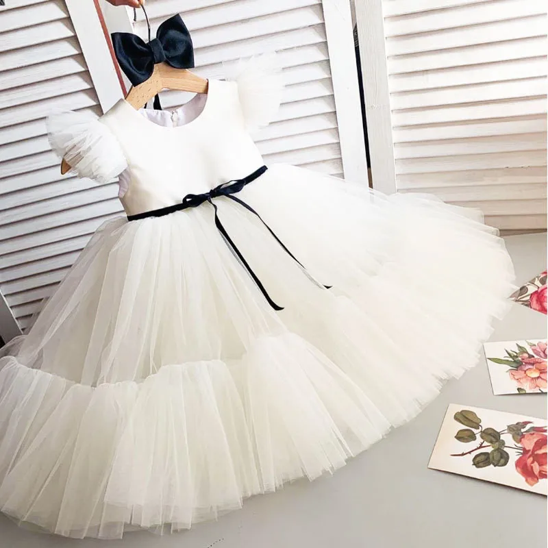 Infant Baby Girls Lace Cake Tutu Birthday Dresses Christening Gowns Baby Baptism Clothes Flower Prom Big Bow Princess Dresses