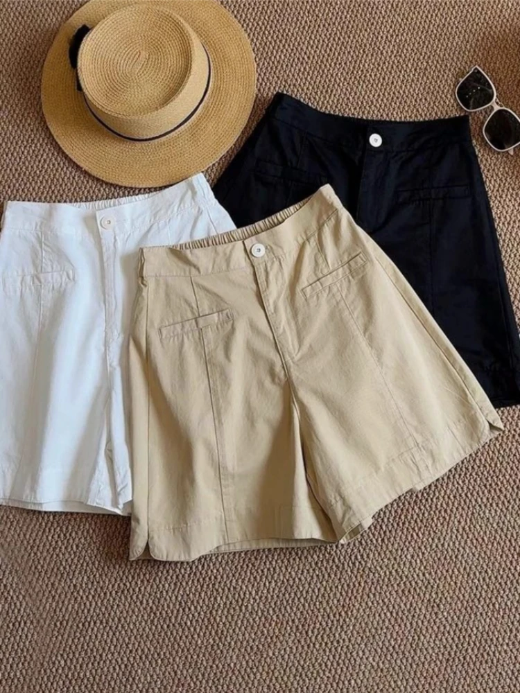 

Summer New Casual Shorts for Women Fashion Half Elastic Waist A-shaped Straight Shorts Loose Solid Color Versatile Black Shorts