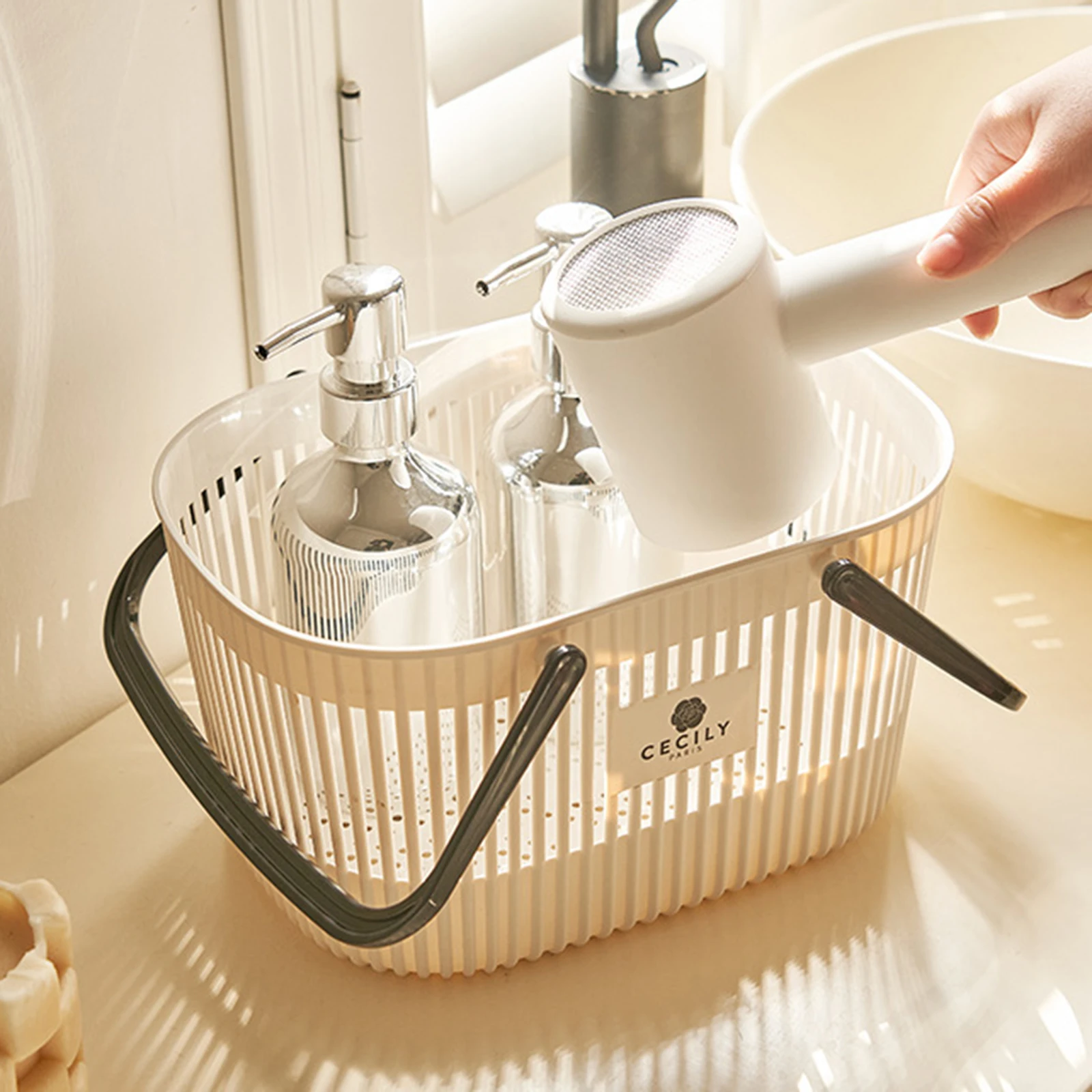 Cesta organizadora de plástico con asas, contenedor de artículos de tocador de drenaje, cesta de almacenamiento apilable para almacenar el baño y el baño