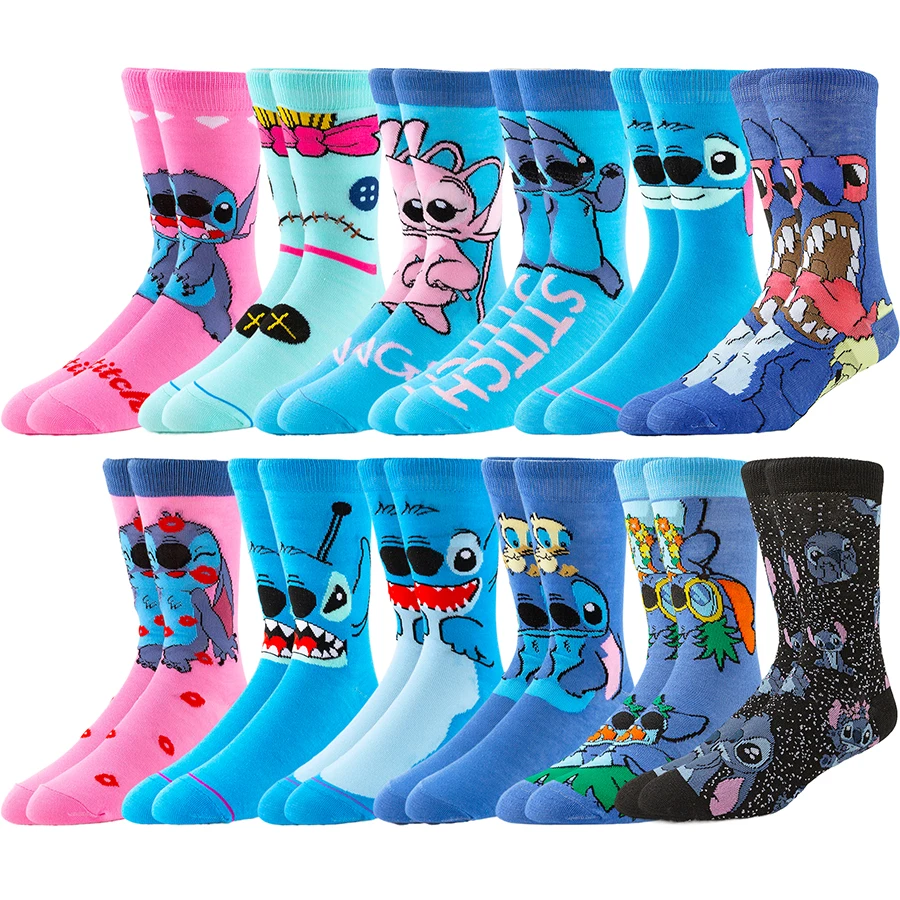 Fashionable Men\'s 6 Pairs of Novel Cartoon Stitch Pattern Mid Tube Crew Socks Comfortable and Soft Pressure Socks