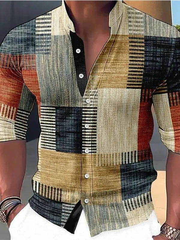 

Long Sve Printed T-irt Stand up Collar Loose Fit Faion Urban Polyester Fiber Men's irt Easy Care Deformation Resistant