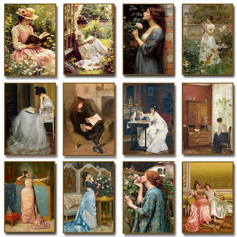 Vintage Woman Reading Smelling Roses Portrait Canvas Painting Print Wall Art Picture for Living Room Home Decor Cuadros