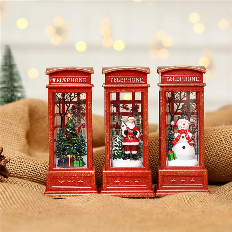 Christmas Decoration Desktop Ornament Luminous Telephone Booth With Snow Globes Spinning Water Swirling Glitter For Home Holiday