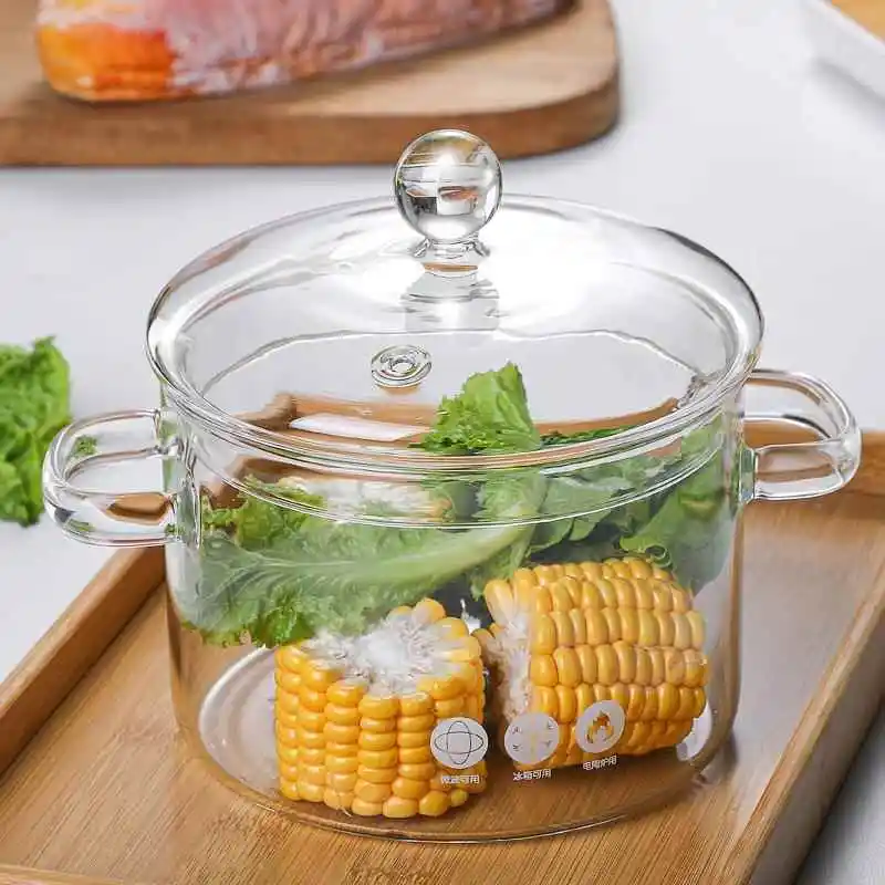 

Thickened High Borosilicate Glass Noodle Bowl with Double Ears Large Capacity Heat Resistant Pot for Home Use round Shape