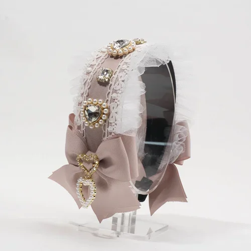 

Японская массовая продукция ручной работы, милая повязка на голову в стиле Лолиты для девочек, заколки с бантом и драгоценными камнями, повязка на голову, аксессуары для волос, женский бант для волос