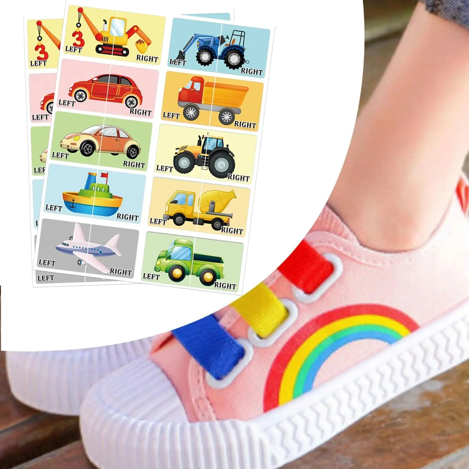 80Pcs Kids Cute Right Left Car Stickers 1.37 x 1.5 Inch - Cartoon Plane Forklift Sole Sticker Children Boys Girls Shoes Stickers