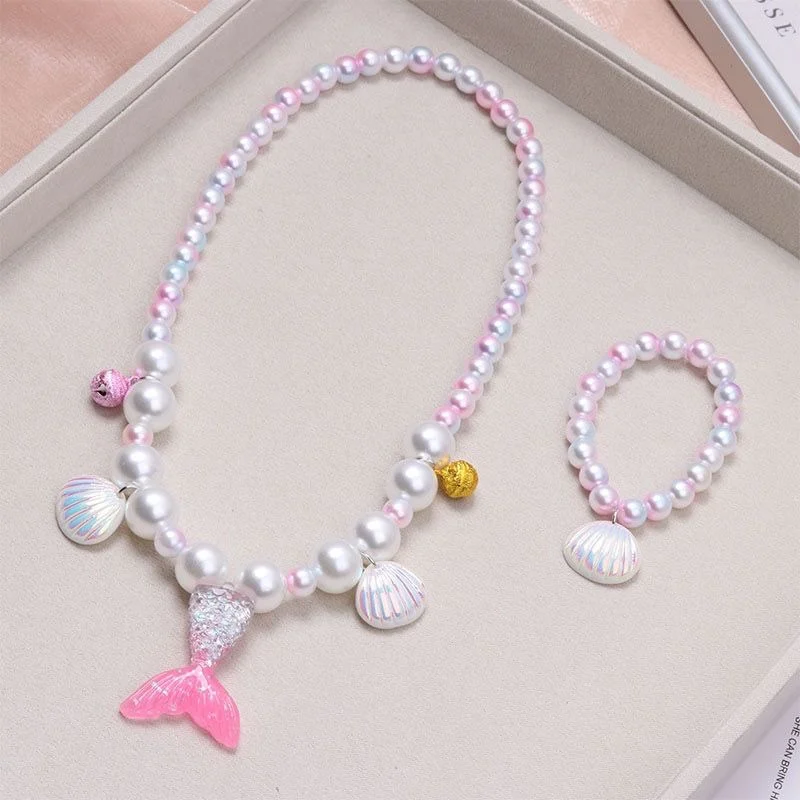 2/5pcs Girls Jewelry Sets Mermaid Pearl Necklace Bracelet Ring Earring Set Kids Toys Children Princess Fashion Accessories