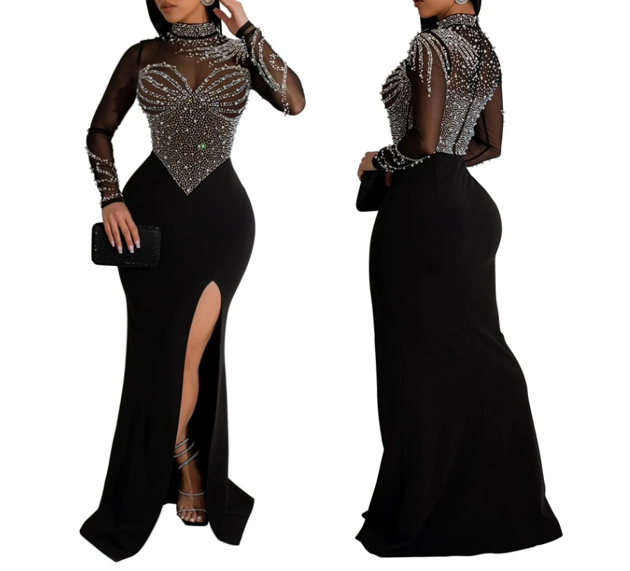 

Women's Dress Fashion New Round Neck Long Sleeved High Slit Rhinestone Transparent Dress Solid Color Party Evening Dress