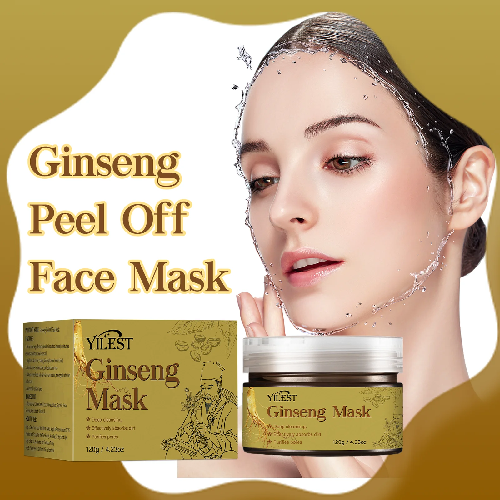 YILEST Ginseng Peel Off Face Mask 120g - Deep Cleansing, Purifies Pores, Firming & Anti-Aging, Nourishing Facial Care