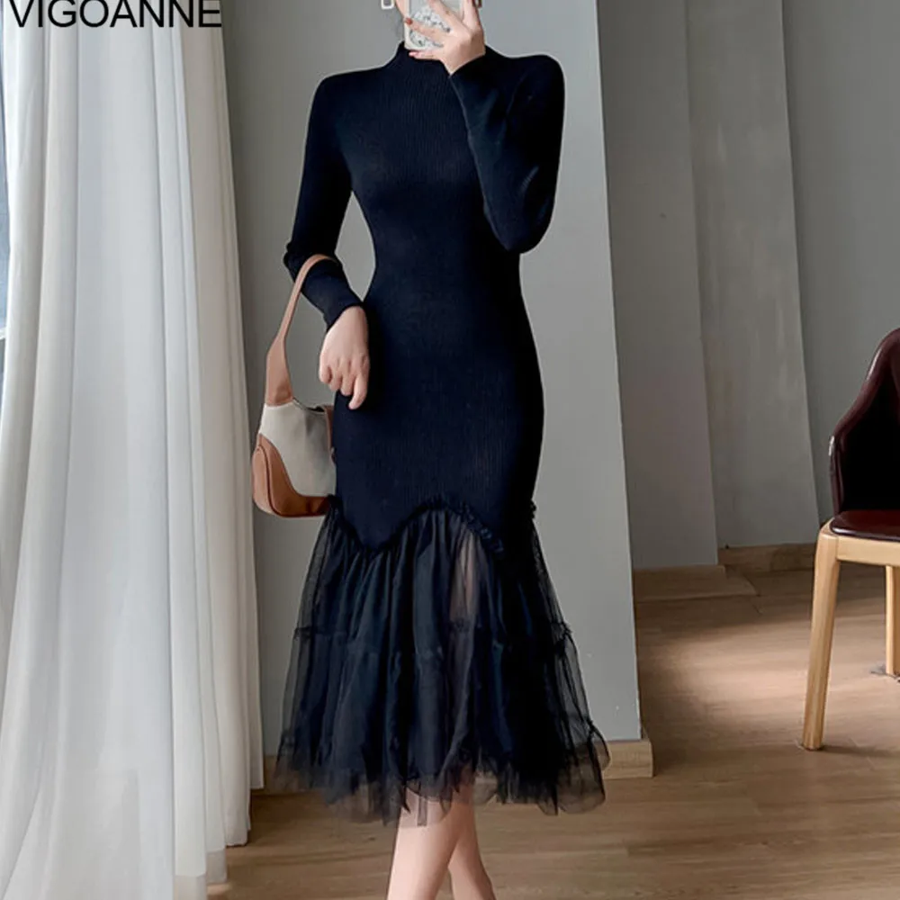 VigoAnne 2025 Woman Solid Long Sleeve Knit Dress Spring Autumn Mesh Mermaid Korean Dresses Lady Evening Party Tight Long Dress