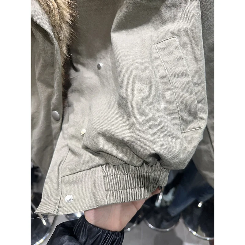 Benuynffy 2025 Autumn Winter Street Retro Fur Collar Thick Washed Jacket Women's Fashion Long Sleeve Warm Coats Woman Outerwear