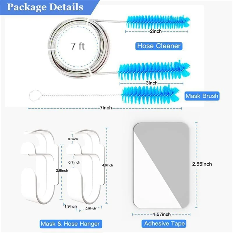 CPAP-slangreinigingsset - complete set bevat 7Ft flexibele CPAP-buisborstel, 7" CPAP-maskerborstel en 2 stuks slanghouderhaken