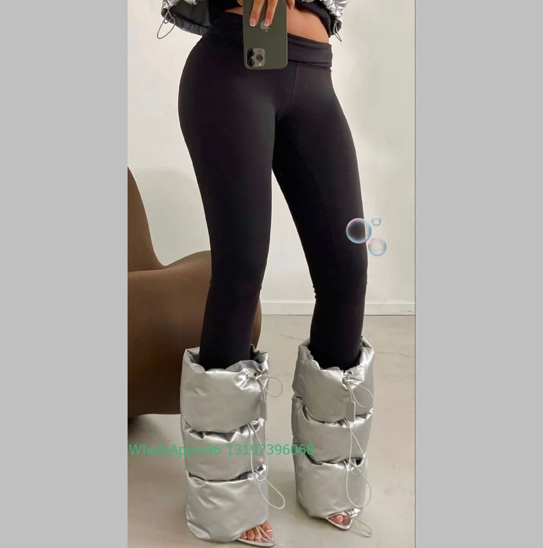 Lady sliver metallic PU peep toe knee boots causal runway punk boots new arrive PU elastic band boots gothic  boots size 35-46