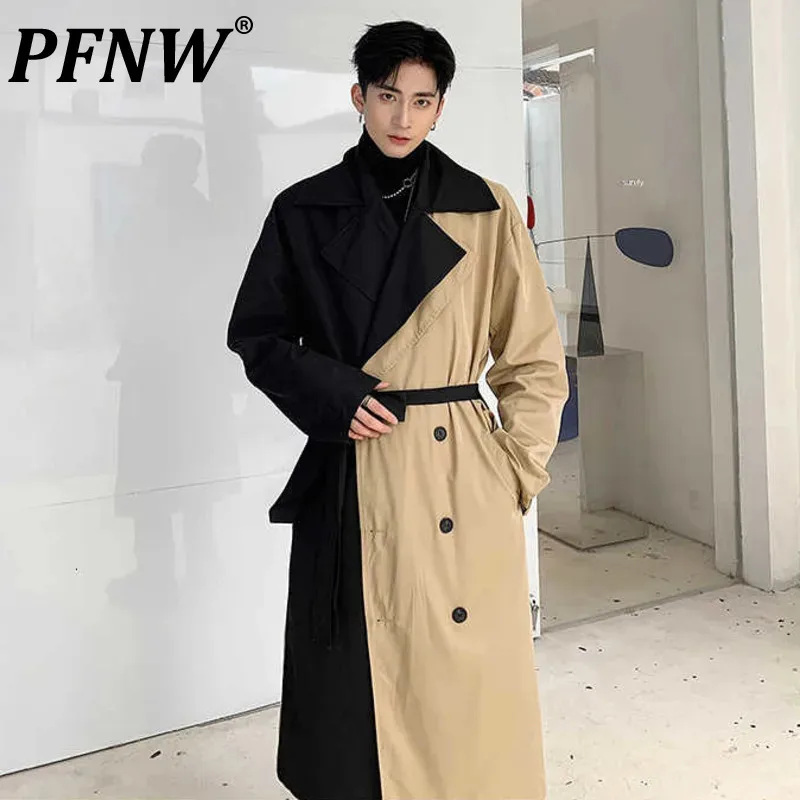 

PFNW Patchwork Design Long Coat Male Trench Mens Clothing Belt Personality Windbreaker Hit Color Men's Loose Coat Trendy 9Y189