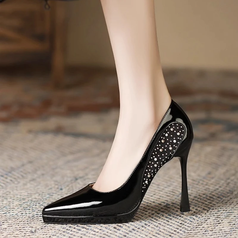 Silver High Heels Sexy Rhinestone Party Wedding Shoes for Women Pointed Toe Stilettos Pumps Patent Leather Platform Single Shoes