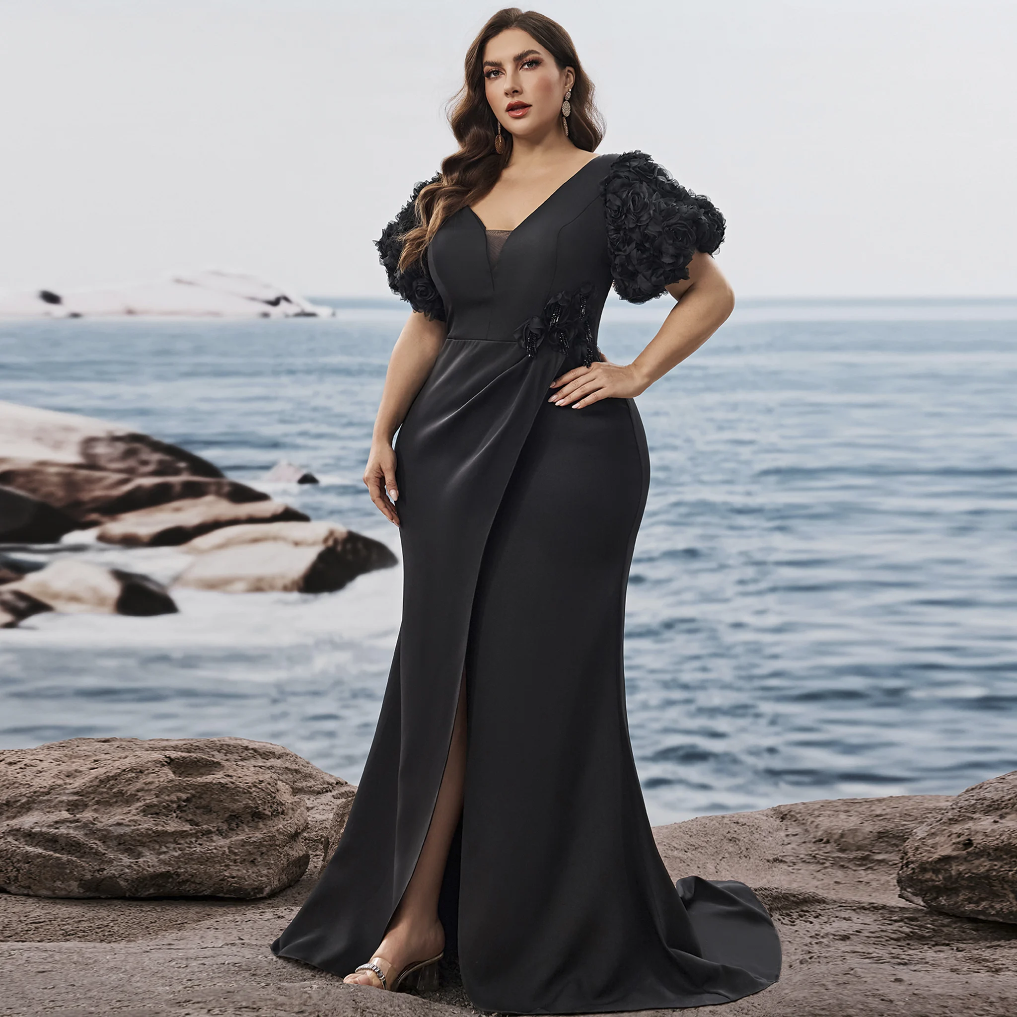 

Rosymae plus Size Black Satin Evening Gown V-neck Floral Puff Sleeves High Slit Wrap-Style Bodice Elegant Formal Party Dress