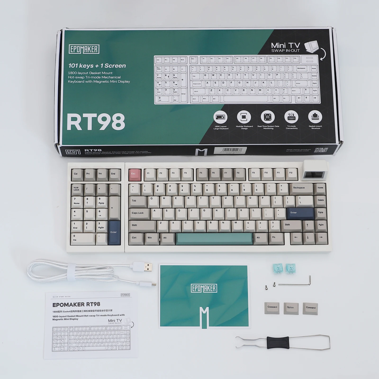 EPOMAKER RT98 98% ANSI US Layout Trójtrybowa Bezprzewodowa Modułowa Retro Klawiatura Mechaniczna do Gier z Odłączaną Mini Klawiaturą TV dla Win/Mac — zdjęcie produktu 6