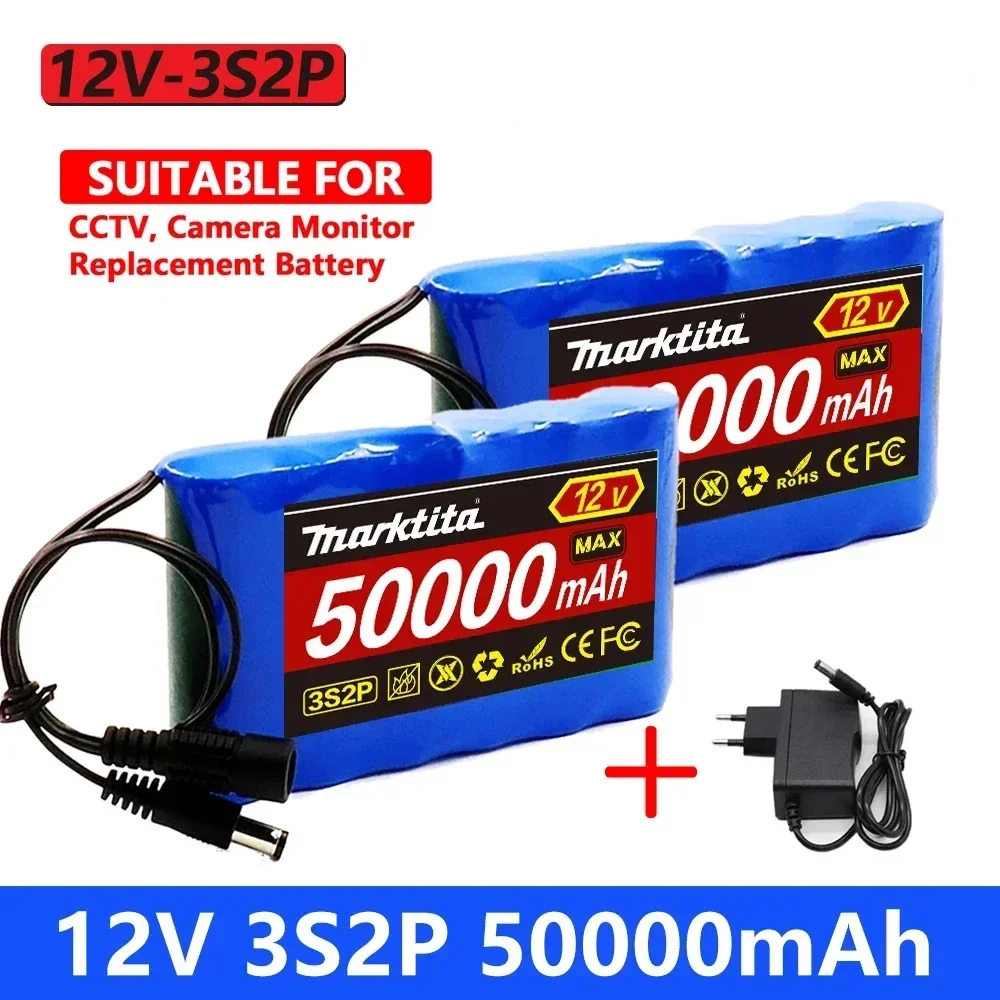 New 18650 3S2P 12V 50000mAh Rechargeable Lithium Ion Battery Pack,for CCTV, Camera Monitor Replacement 12V 50Ah Li-ion Battery