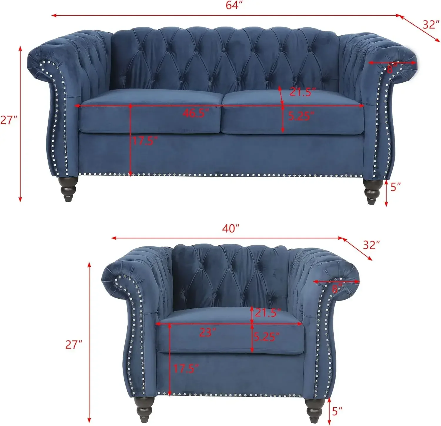 2 Pieces of Living Room Furniture Sofa Sets Modern Contemporary Tufted Button Velvet Accent Club Chair Chesterfield Sofas Set