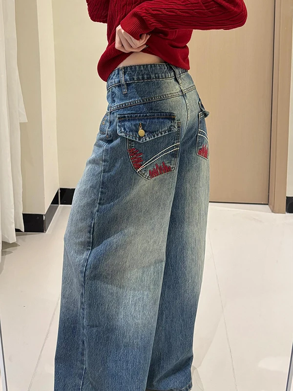 

Женские широкие джинсы в стиле ретро с вышивкой и узором «бамбуковый узел», свободного прямого кроя, зимние, с дизайном «нож»