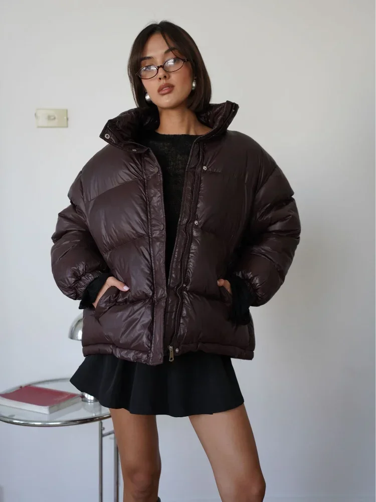 Oversized Burgundy Warm Down Coat For Women Fashion Stand Collar Long Sleeves Zipper Buttons Coats Winter Lady Warm Parkas