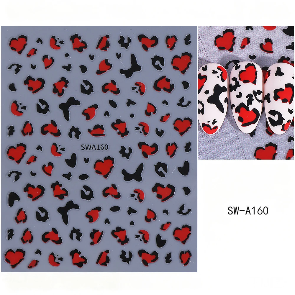 สติกเกอร์ติดเล็บลายเสือดาวสีดำแดง/ลายหัวใจฝรั่งเศสประดับกลิตเตอร์ ดีไซน์เซ็กซี่สำหรับวันวาเลนไทน์ ลายเสือดาวตกแต่งเล็บ DIY