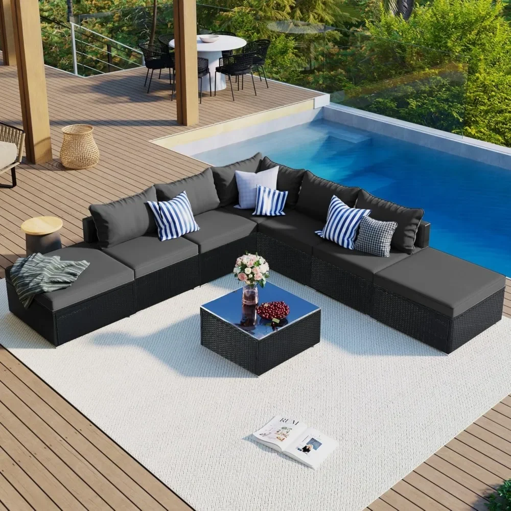 

8 Piece Wicker Patio Furniture Set, Wicker Outdoor Conversation Sofa Set with Waterproof Thick Cushions and Glass Coffee Table