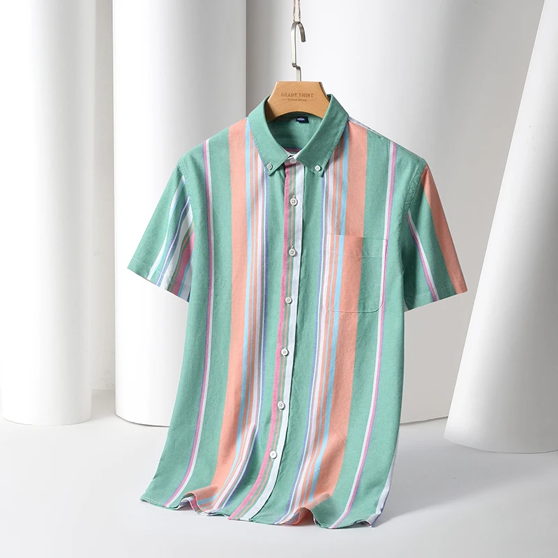 Summer korean popular clothes 100%cotton oxford short sleeve shirts for men slim fit casual plain shirt soft striped office tops