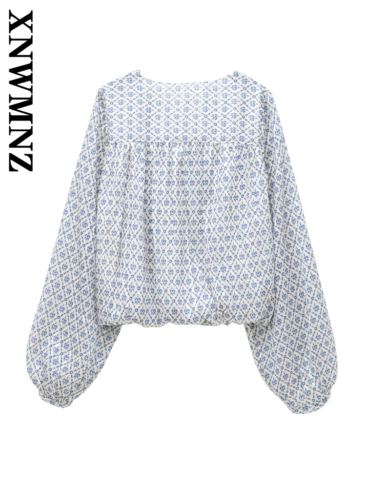 XNWMNZ 2024 Autumn New Woman's Casual Long Sleeve Chiffon Blouse Top Sophisticated Lady V-Collar Blouses Ruffles Pullover Print