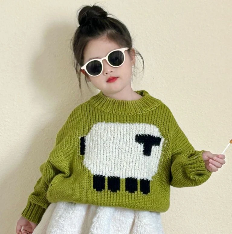 Girls Green Sweater 2024 Winter New Children Clothing Thick Sweater Cartoon Foreign Style Girl Baby Everything Pullover Sweater