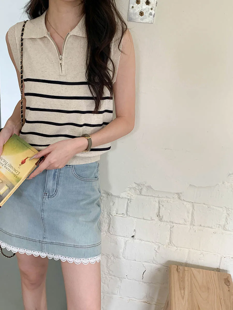 

Spring and Autumn Women's Casual Striped Collar Knitted Tank Top