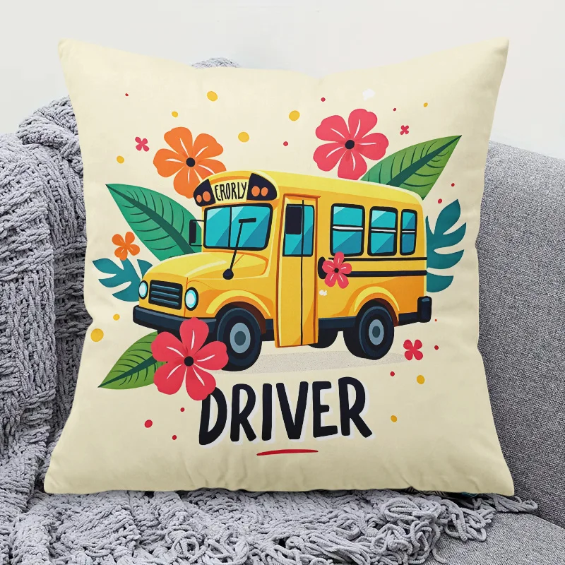 Funny School Bus Driver Pillow Case, Teacher Gift Cushion Cover, Retro Floral Home Decor Throw Pillow Slipcover for Sofa