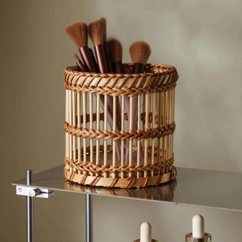 

Fresh Style Rattan Bamboo Makeup Brush Holder, Home Dressing Table Storage Basket, Desktop Foundation Brush Organizer
