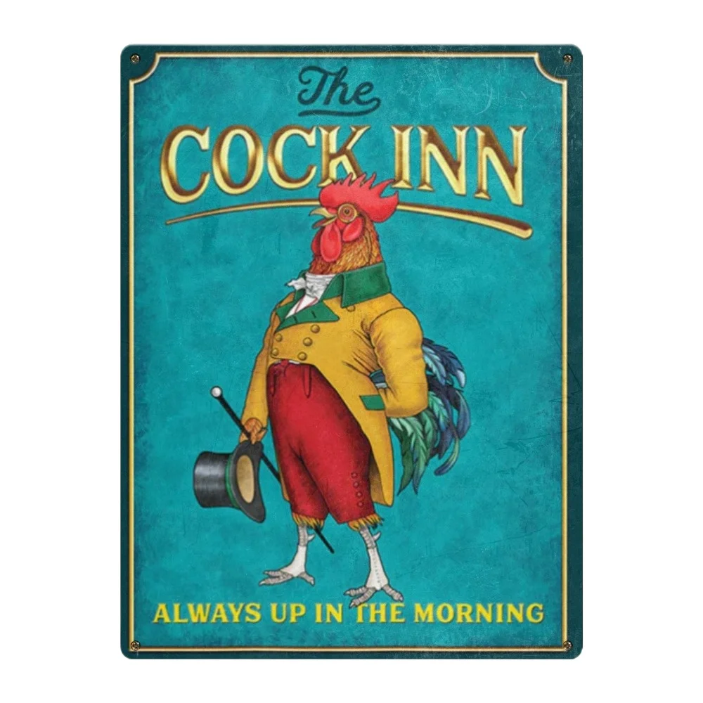 Vintage Funny Tin Sign The Cock Inn Always Up In The Morning Metal Tin Signs, Retro Garage Signs For Men Wall Decorations 30x40