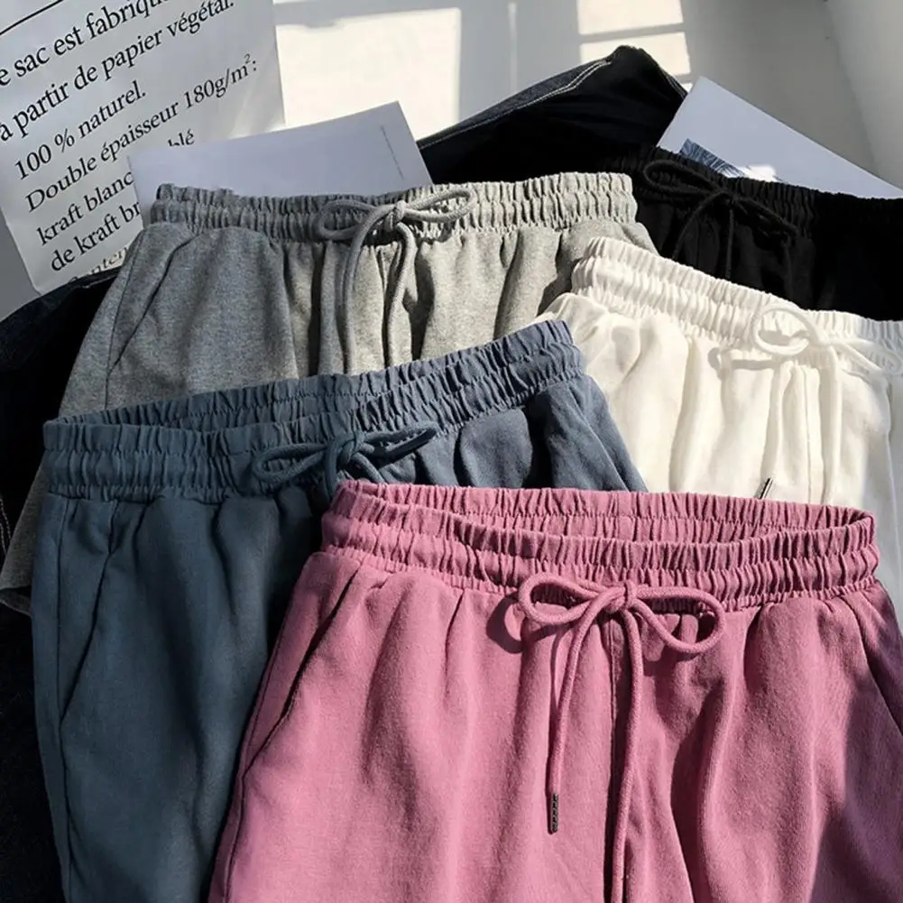 Women Casual Shorts Elastic Waistband Sport Shorts Summer Women's Solid Colors Adjustable Drawstring Wide Leg Home Shorts