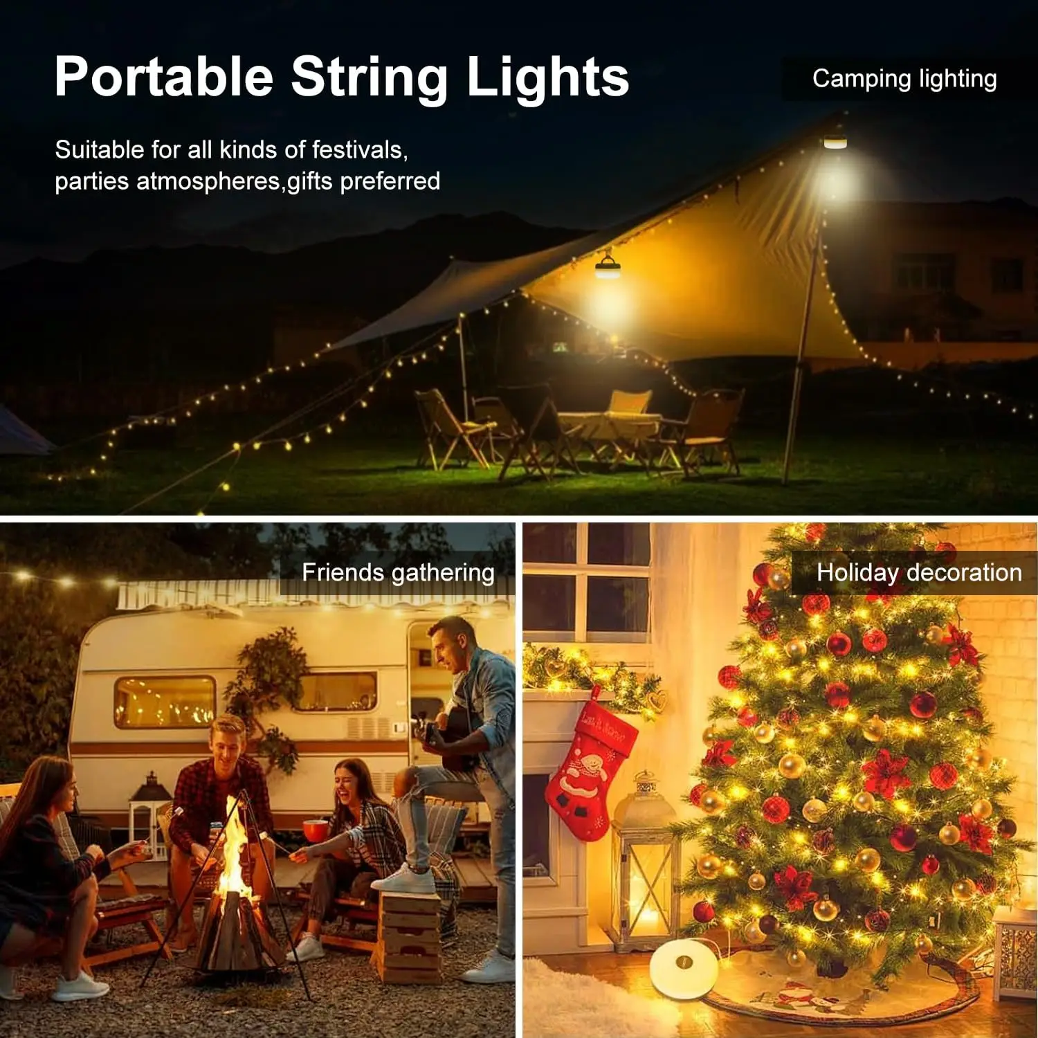 Solar LED String Lights IP65 Outdoor Garden Fairy Light 3 in 1 Camping String Lights with 5 Modes Solar/USB  Powered Tent Light