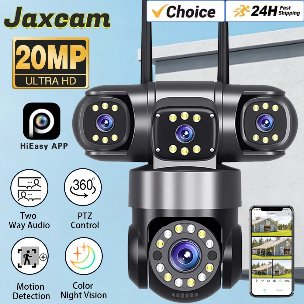 Caméra IP PTZ WiFi HD 10K 20MP pour extérieur, quatre objectifs, quatre écrans, moniteur vidéo de sécurité, vision nocturne couleur, caméra CCTV, application HiEasy